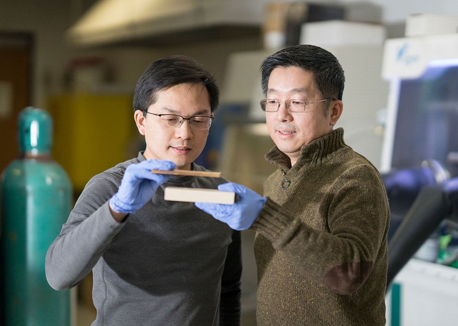 University of Maryland department of materials science co-leader Teng Li and assistant professor Liangbing Hu compare laboratory samples.