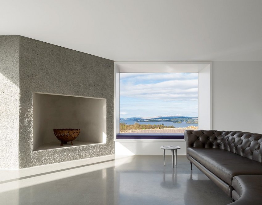 The living room was designed around a hearth and L-shaped sofa.