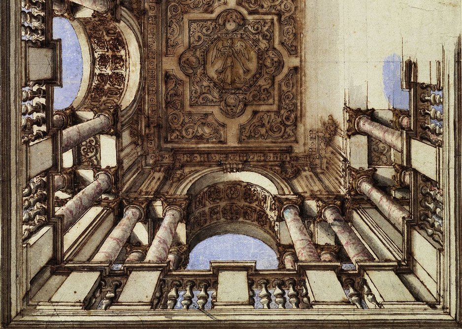 Design for a ceiling with columns and coffered arches, Italy c 1700, unknown designer.