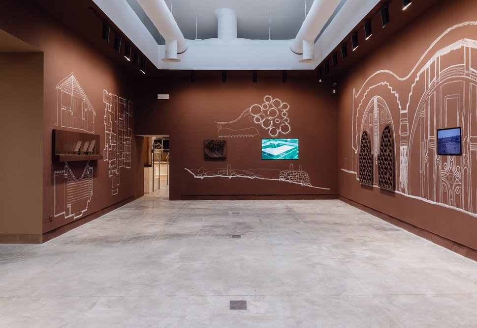 Process, an exhibit by atelier masōmī, pairs models of the architect’s projects with chalk drawings of historic vernacular buildings in the Sahel.