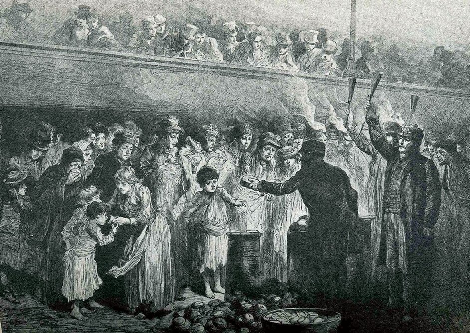 Bread and soup being handed out during the small hours to the homeless in Trafalgar Square, depicted in the Illustrated London News, 18 October 1887.
