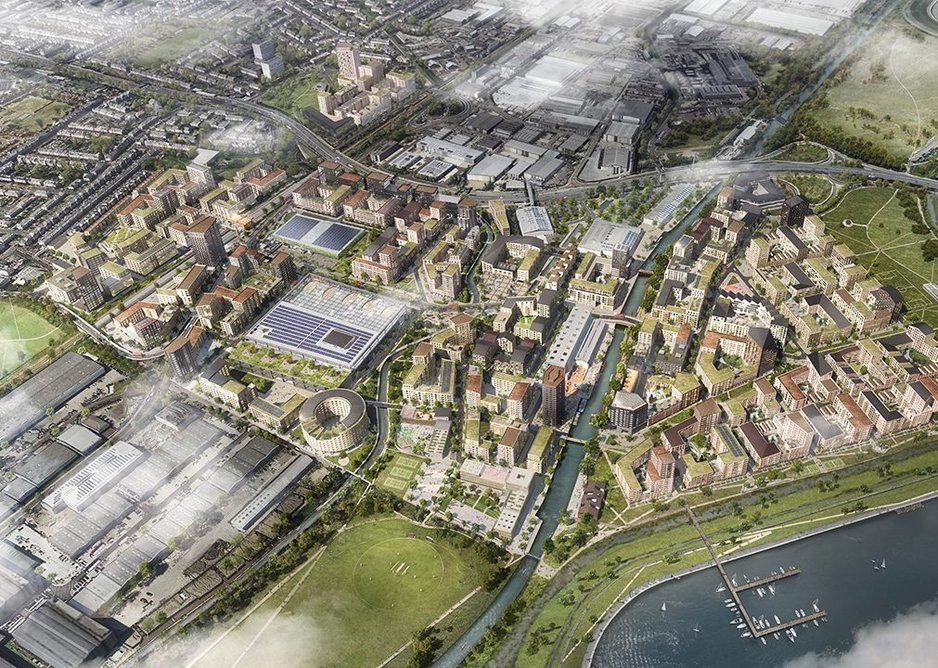 85ha redevelopment area at Meridian Water aerial view, partially along the river Lee.