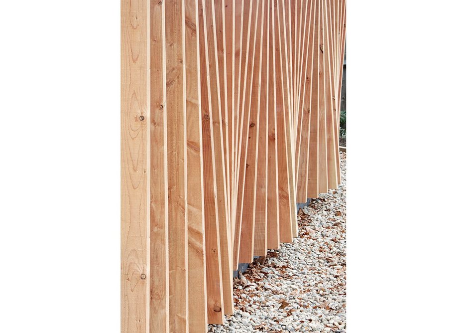 Detail of flounced timber ribbing along the walls of the chapel.