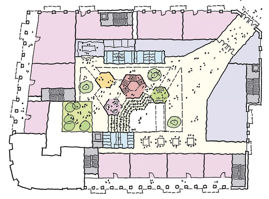 The ground floor of The Hive is surrounded by commercial space (in pink) while a lightwell allows the courtyard to be used as a breakout space.