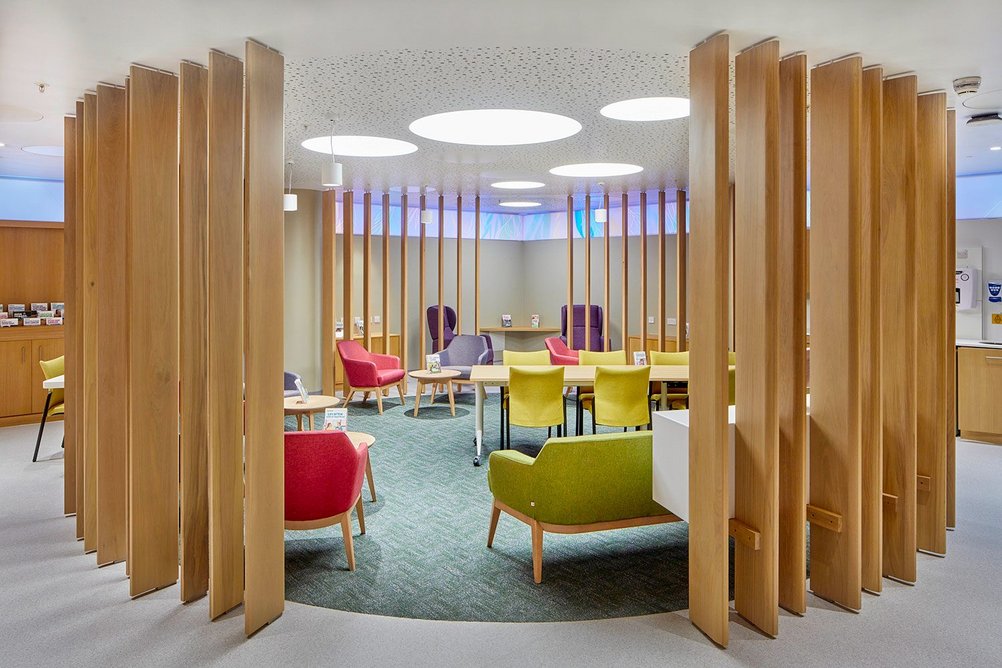 A Macmillan Cancer Support Living Room within the proton beam therapy centre provides space for patients to relax.