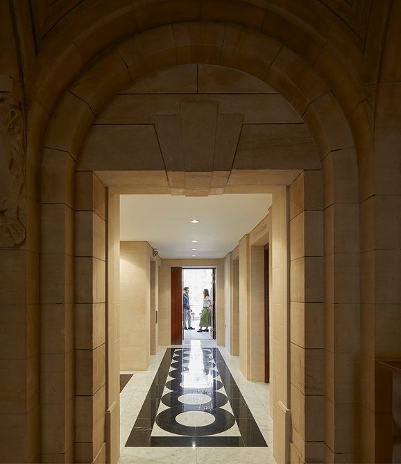 The new staircase lobby acts as a segue between the opulence of the entrance and Wright & Wright’s more mannered basement additions.