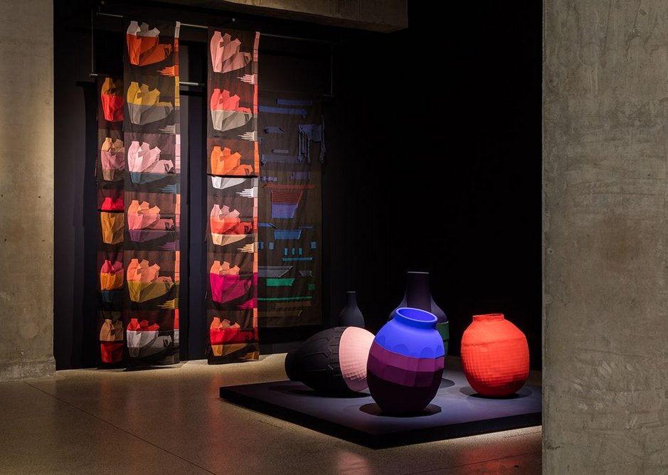 View into the Evening room of Breathing Colour by Hella Jongerius at the Design Museum. Photo: Luke Hayes. On the wall are Falling Vases weaves with Colour Catchers in the foreground.