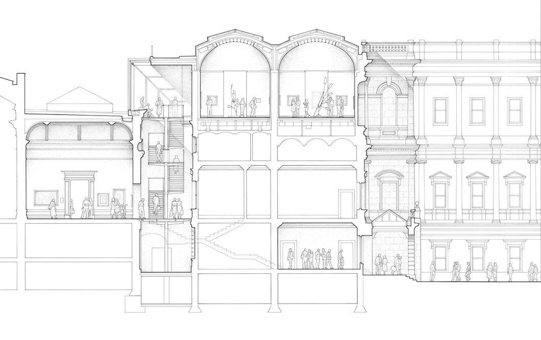 Cross section of the Royal Academy of Arts Painting Gallery, looking north east, showing the new circulation space leading to the two new galleries on the top floor of Burlington House.