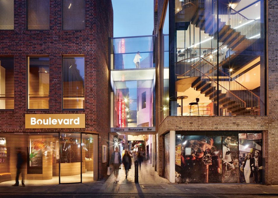 Looking down Walker’s Court from Peter Street. Theatre is on the right but entrance is on the left via a glass bridge link.