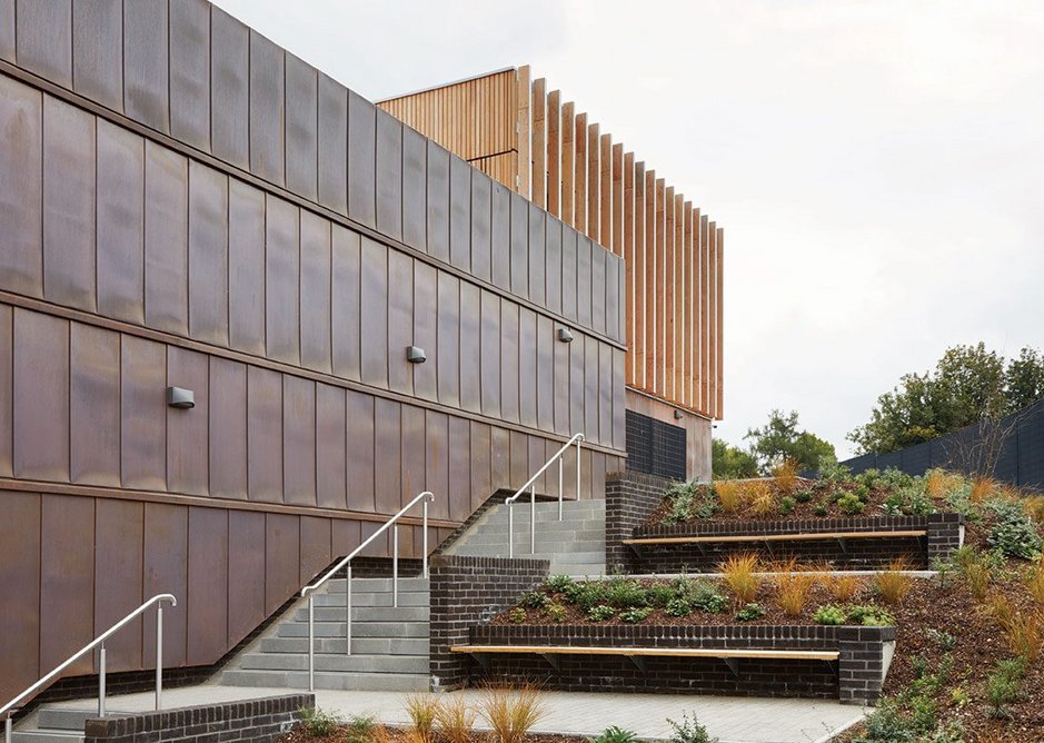 The west face of the school makes good use of the level changes southwards and imbues The building with a civic presence.