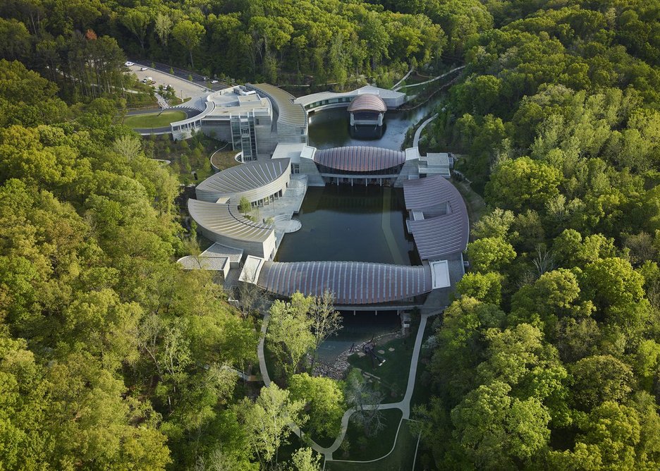 Crystal Bridges Museum of American Art seen nestled into the landscape.