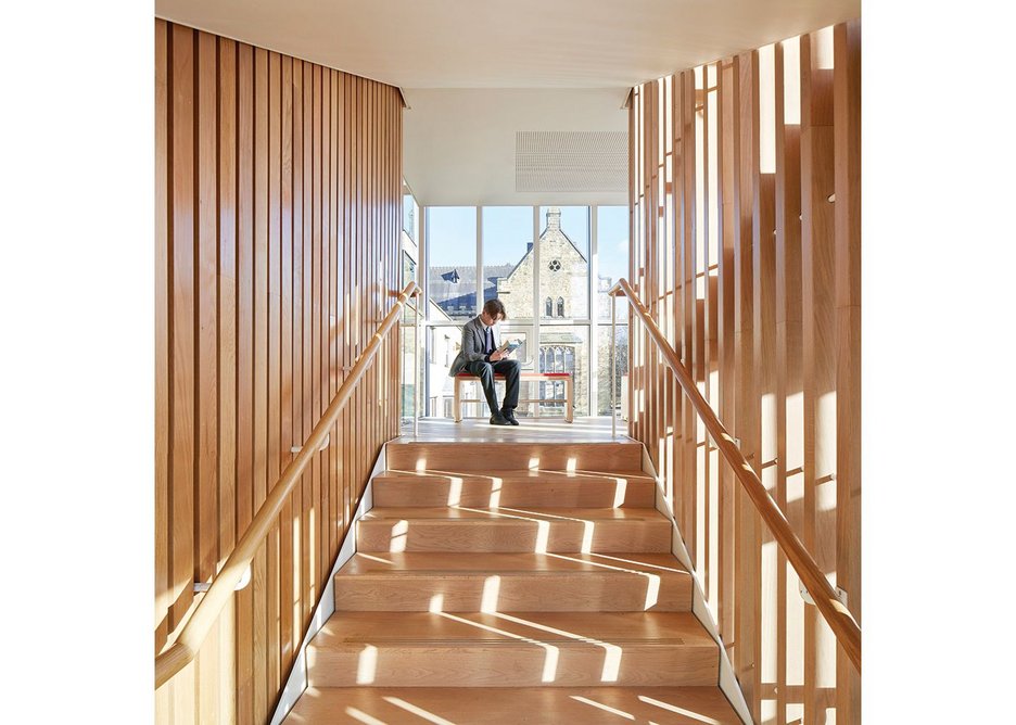 Generous stair landings create spaces for stopping and thinking.