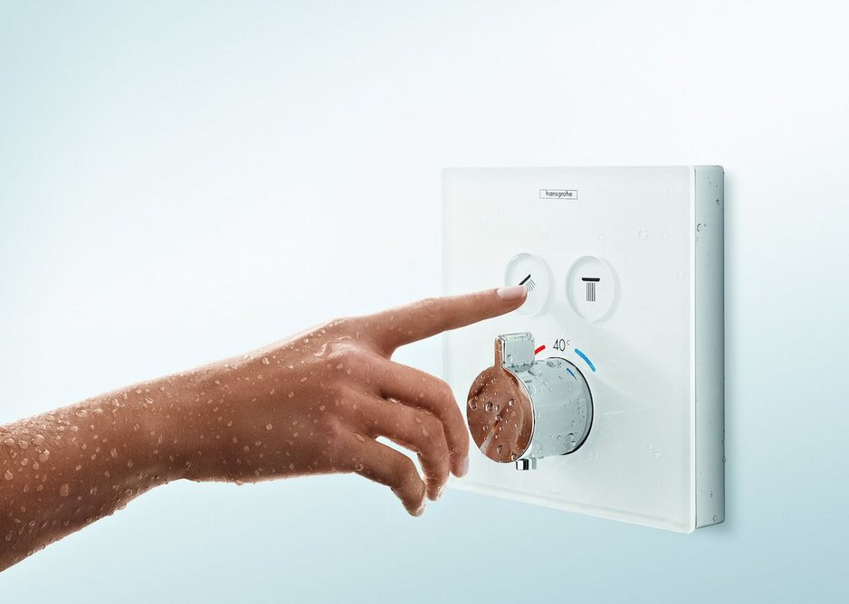 Hansgrohe ShowerSelect white glass thermostat.
