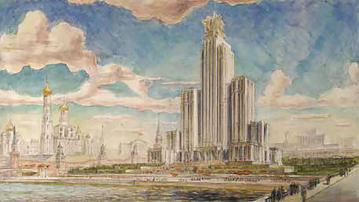 Iofan’s unsuccessful design of an office tower on the Zaradye, a prominent site on the river front next to Red Square, in the late 1940s.