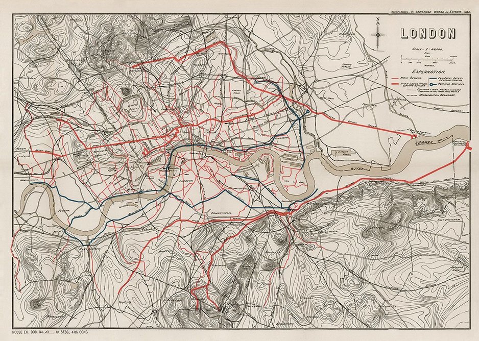 1880: Sewerage works in London. This mapshows the sewer network that Bazalgette bequeathed to London. The most prominent red lines are the main interception sewers.