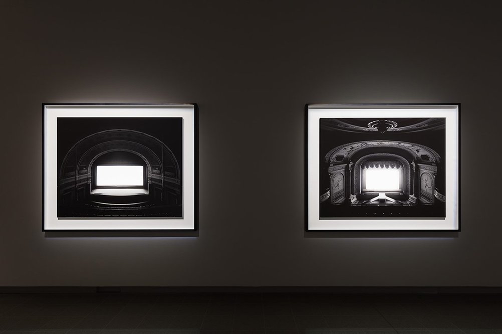 Installation view of Hiroshi Sugimoto, Theatres series. Gelatin silver prints.