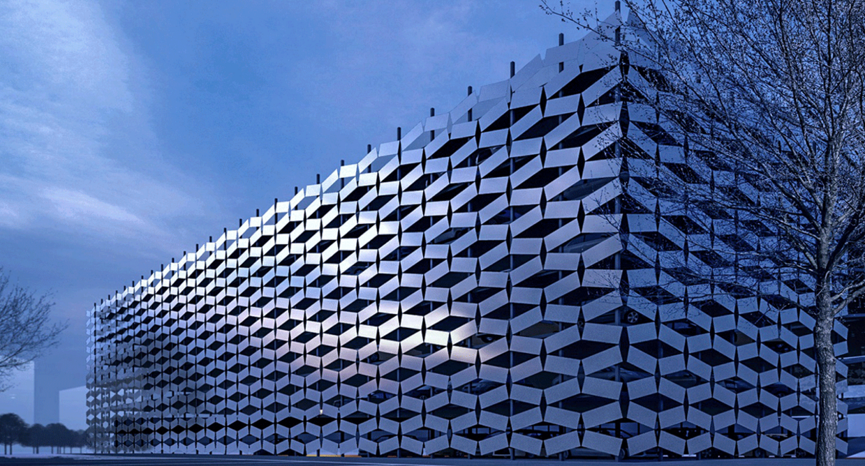 Multi-storey carpark in Dusseldorf with angled solar panels that create spaces for ventilation