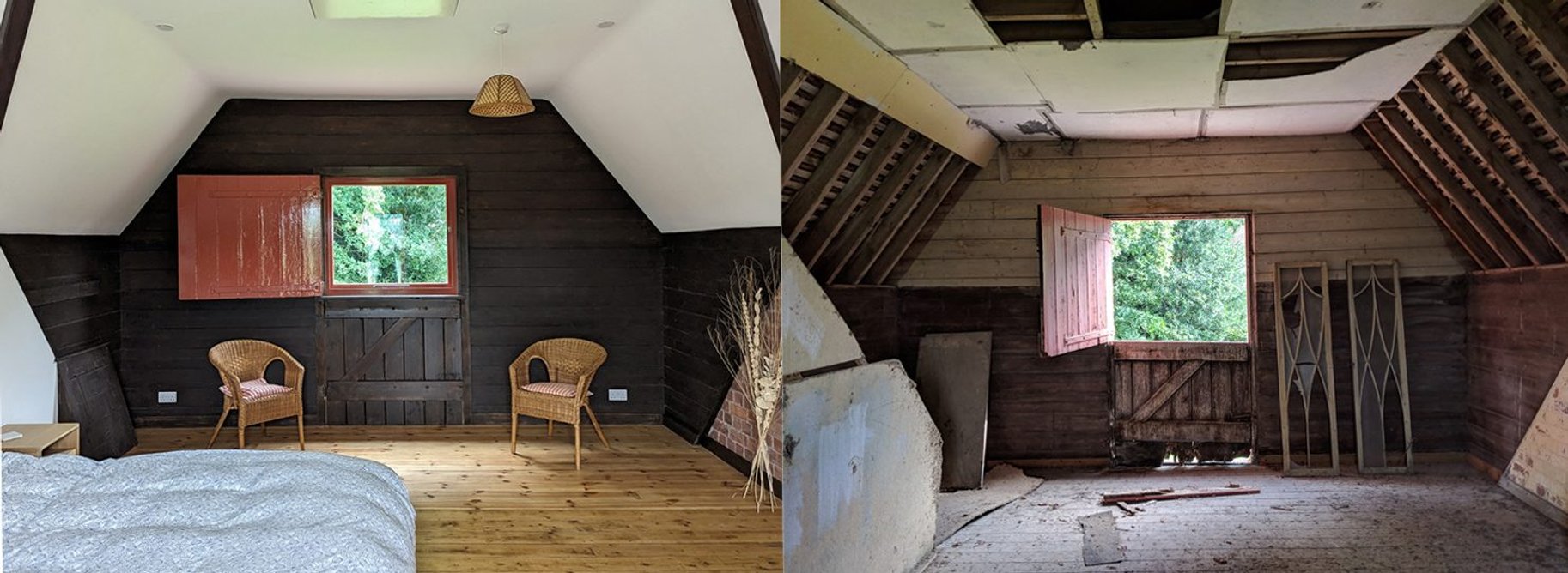 The hay loft; after and before restoration.