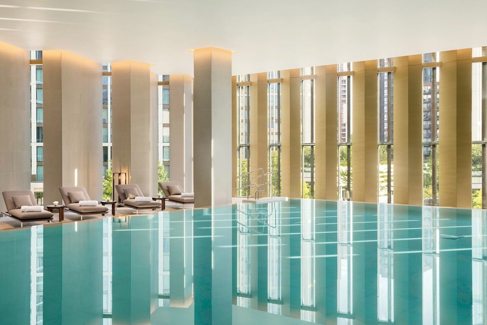 An infinity ceiling illusion with feature lighting in the hotel's swimming pool and spa.