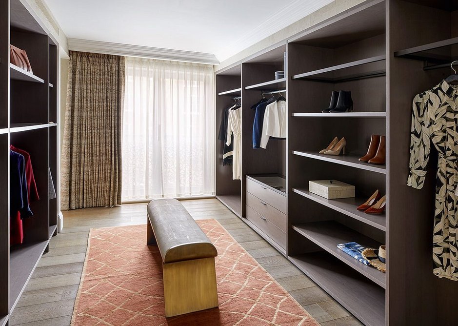 Dressing room for one of the master bedrooms. Timber flooring was deemed more suitable than carpet for such high-end apartments. The crescent rebuild incorporates apartments ranging from one to five bedrooms.