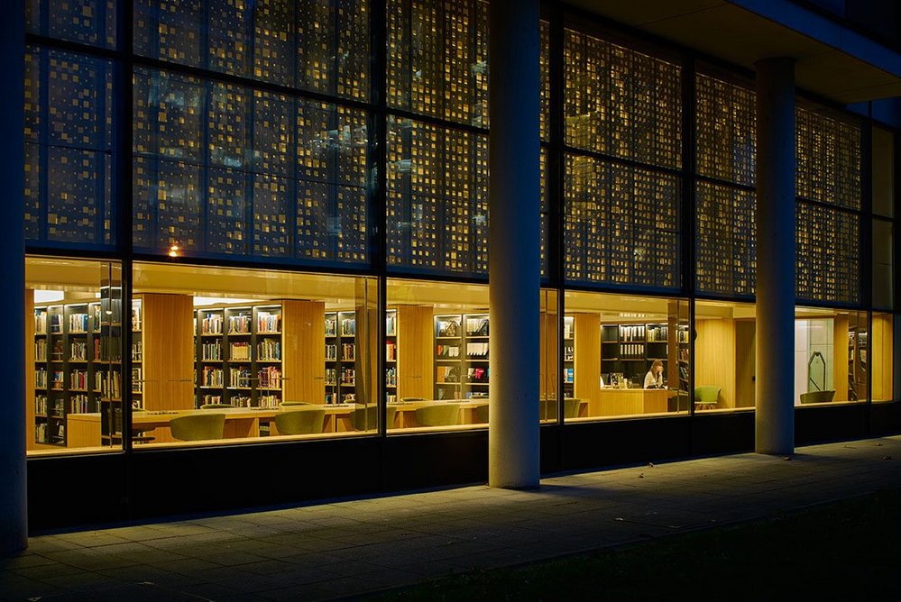 Night view of the bespoke screen, created by Millimetre, at Coffey Architects’ Science Museum Research Centre in London.