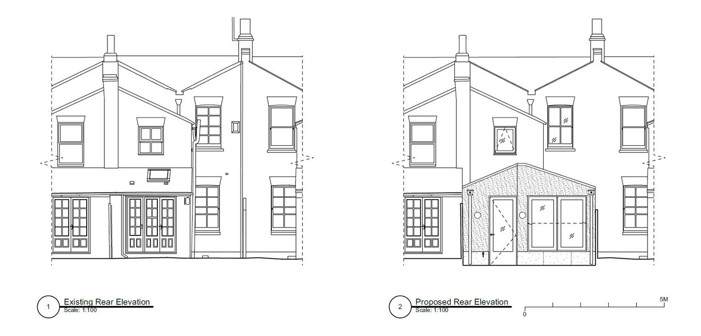 Existing and proposed rear elevation.