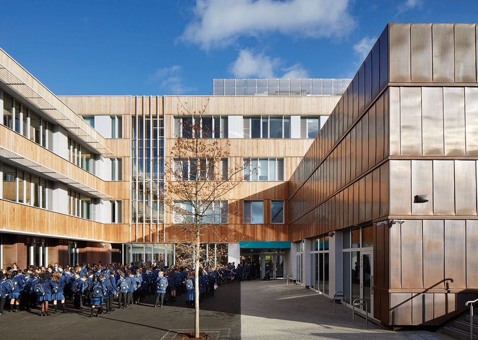 On the academy’s east face, a ‘private’ courtyard provides a protective, observed space as a prelude to the more open playground space beyond.