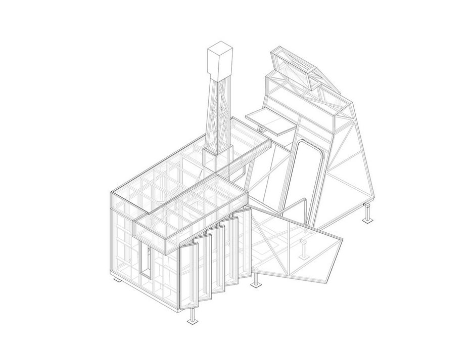 Isometric of The Mansio, which demounts into four components for transport between sites.