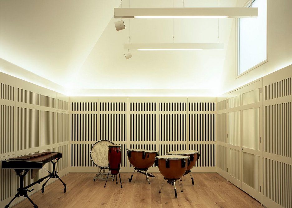The percussion room, tucked away behind the recital hall, is day lit from above and heavily soundproofed.