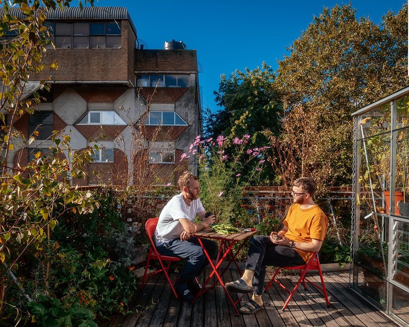 Tom Surman (left) and Percy Weston in their roof garden facing the Peckham Levels centre.