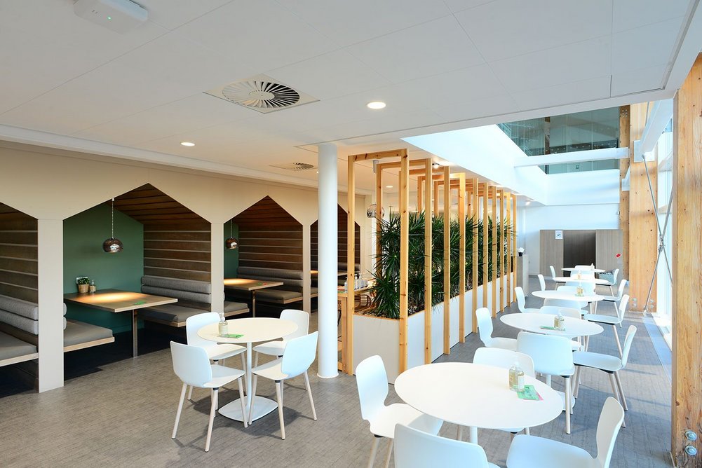 Zentia’s Ultima+ Finesse ceiling system in the restaurant at Velux HQ.