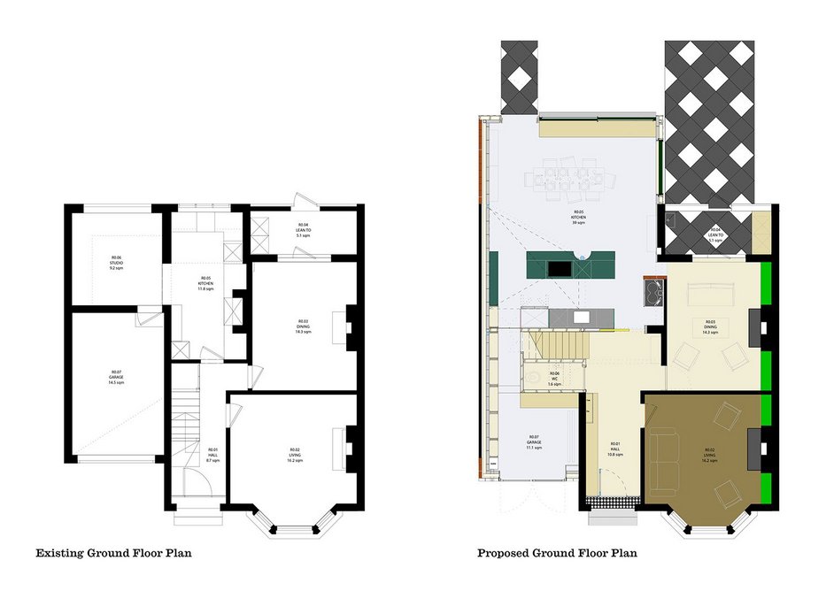 Existing and proposed ground floor plans.
