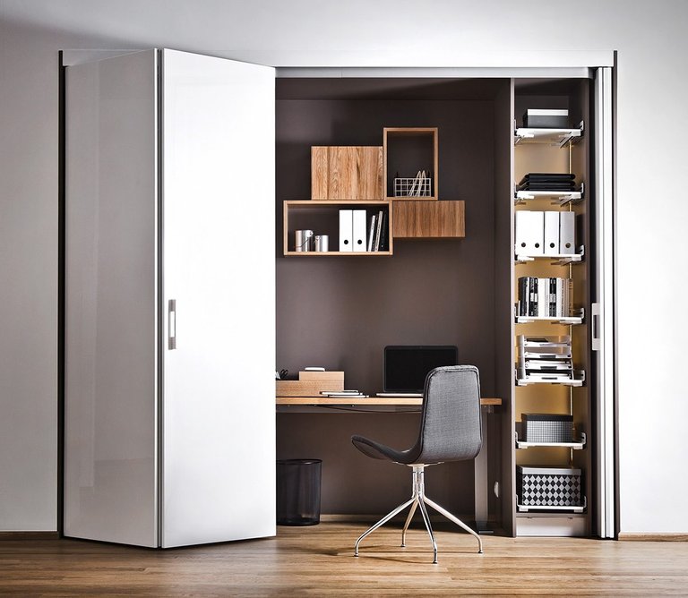 Hawa Concepta folding sliding door system: Hide away a home office space when work is finished.