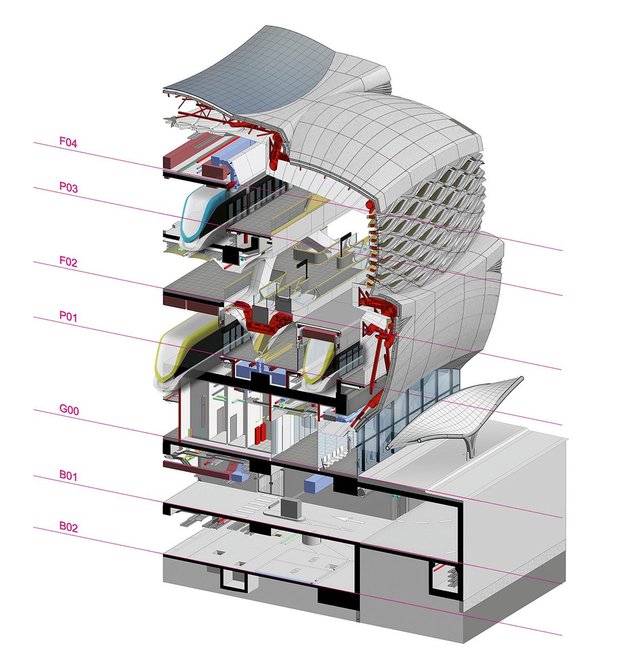 Typical 3D  section showing roof  glazing, ground level bus canopy and car parking across two basements.