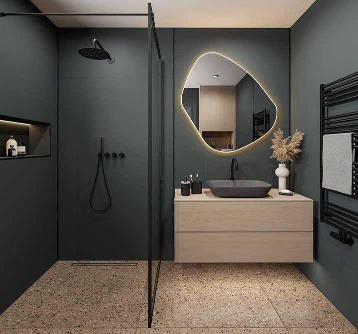 Wetwall Alloy wall panels in Midnight Grey solid colour: a deep, dark matt for dramatic contemporary bathrooms.