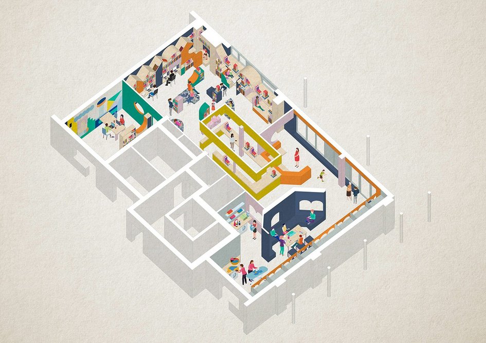 Axonometric denoting the spatial layout of the Langdale library and launderette.