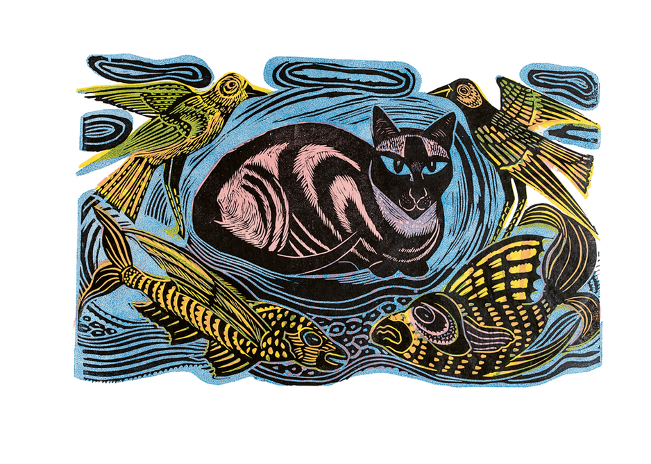 Feline Phantasy linocut in four colours 1948.