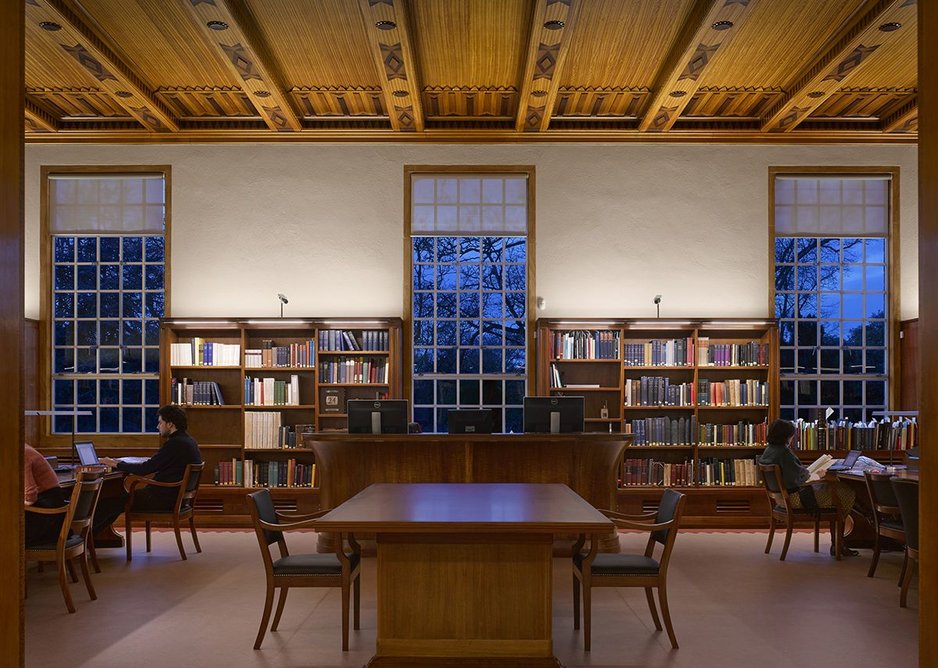 The Rare Books and Manuscripts reading room looking north showing the original, restored, fine-framed aluminium windows.