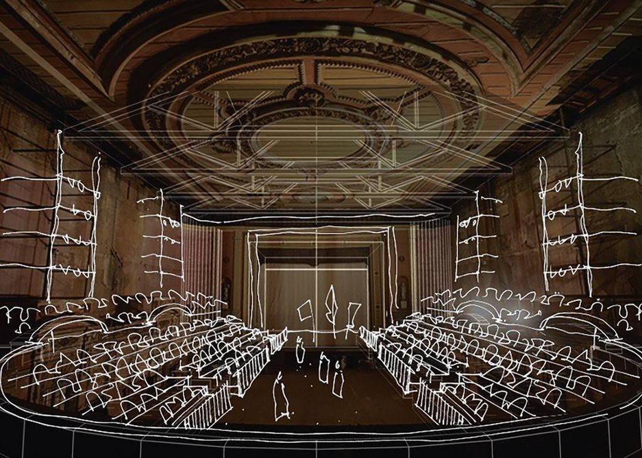 Charcoalblue concept sketch of Alexandra Palace, London, with an end stage. The firm worked on this with architect FCB Studios.