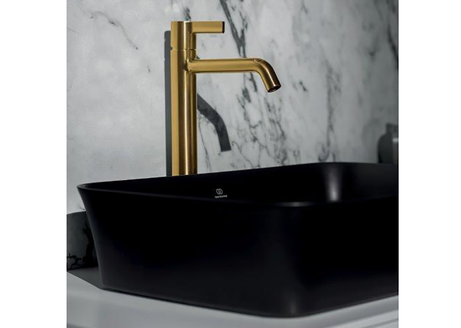 Ipalyss Vessel 55x38cm washbasin in Black Matt with Joy mixer tap in Brushed Gold.