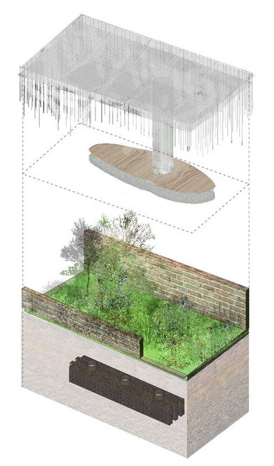A modular canopy sits over a small area of green in the city.
