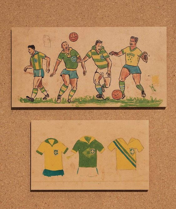 Designs for a new Brazil national kit, Aldyr Garcia Schlee (1953). From Football: Designing the Beautiful Game at the Design Museum.