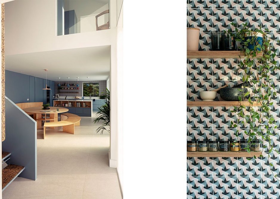 Open plan family kitchen space and detail of tiles. Smooth joinery and geometric tiling give a modern finish.