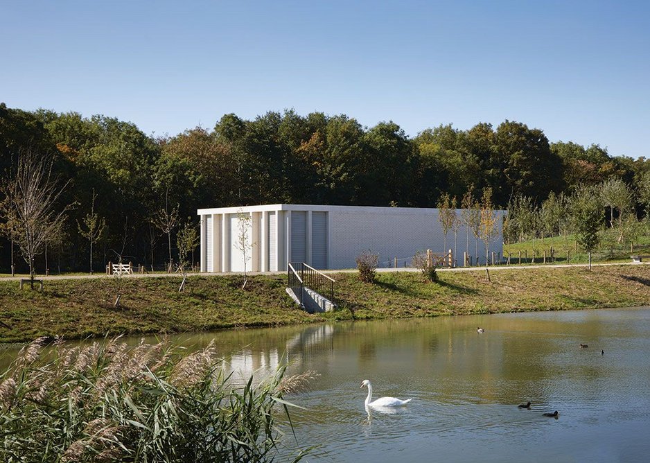 The temple-like non-potable water boosting station filters water after it has passed through the site’s sustainable draining system of rills and swales.