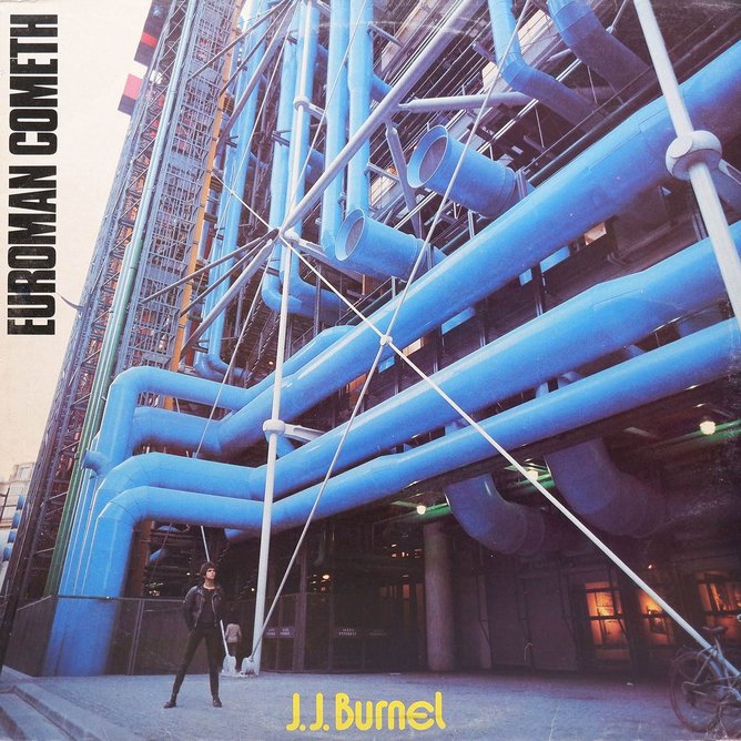 The then recently-completed Pompidou Centre is the star of J.J. Burnel’s Euroman Cometh album cover, 1979. Artwork by J.J. Burnel, design by Kevin Sparrow.