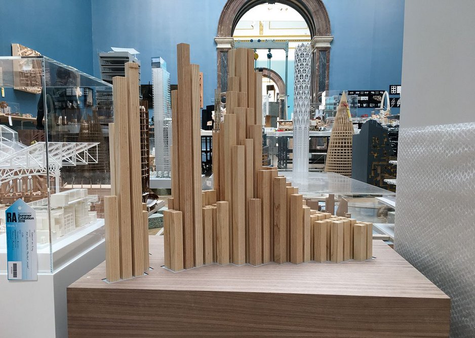 Installation shot of the architecture room with Study Model for a Hotel in the Middle East by Spencer de Grey of Foster + Partners in the foreground. Timber and acrylic, H 80cm.