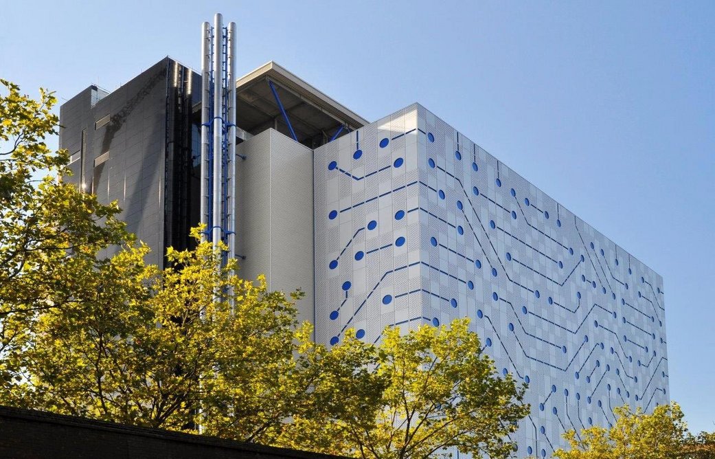 Telehouse North Two datacentre, Poplar, Tower Hamlets. Bailey's intricate perforated panels create a circuit board themed facade.