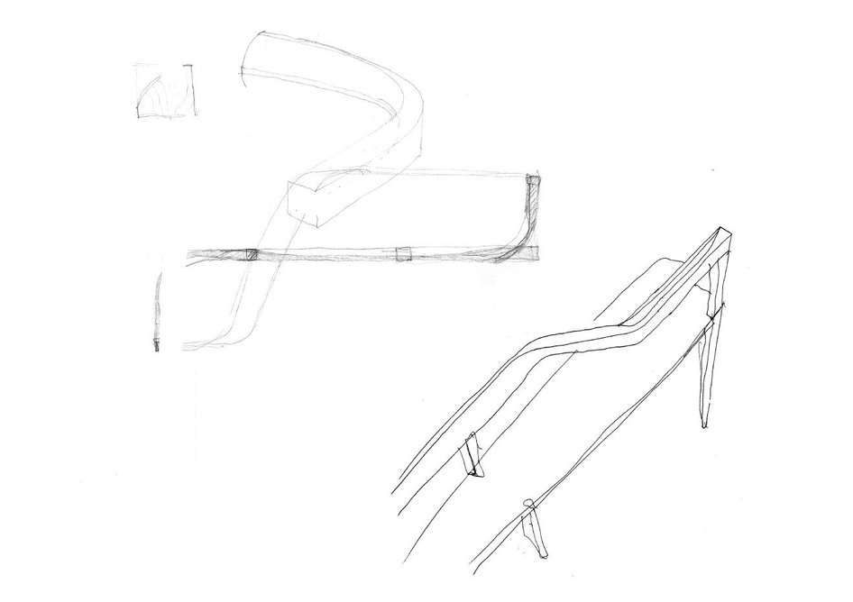 Gallery bench early sketches, inspired by the bend in the adjacent Charing Cross Road, which became a leitmotif for the project. Credit Jamie Fobert Architects