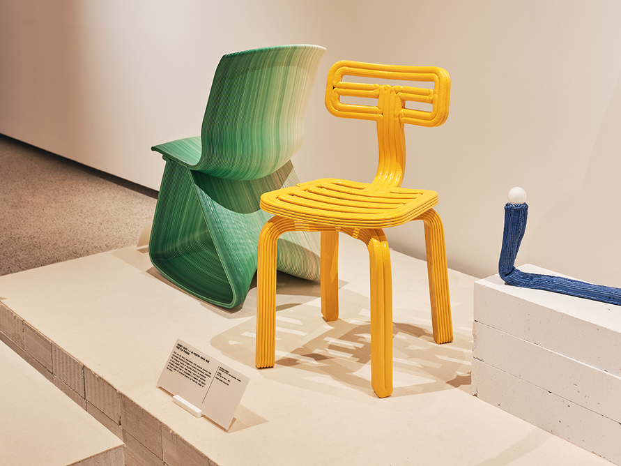 Examples of re-using plastic: Endless Flow Rocking Chair (2011) and Chubby Chair (2012) by Dir van der Kooij (left); Plastic Baroque table lamp, James Shaw, 2019 at Waste Age: What can design do? at the Design Museum.
