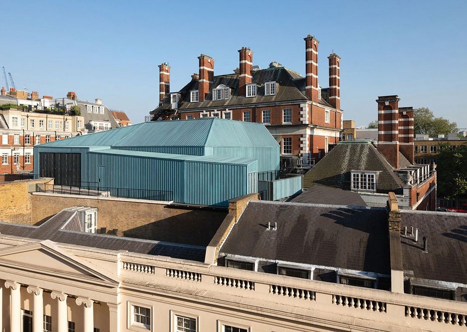 Blue-grey prepatinated copper walls and roof of the Angela Burgess Recital Hall.